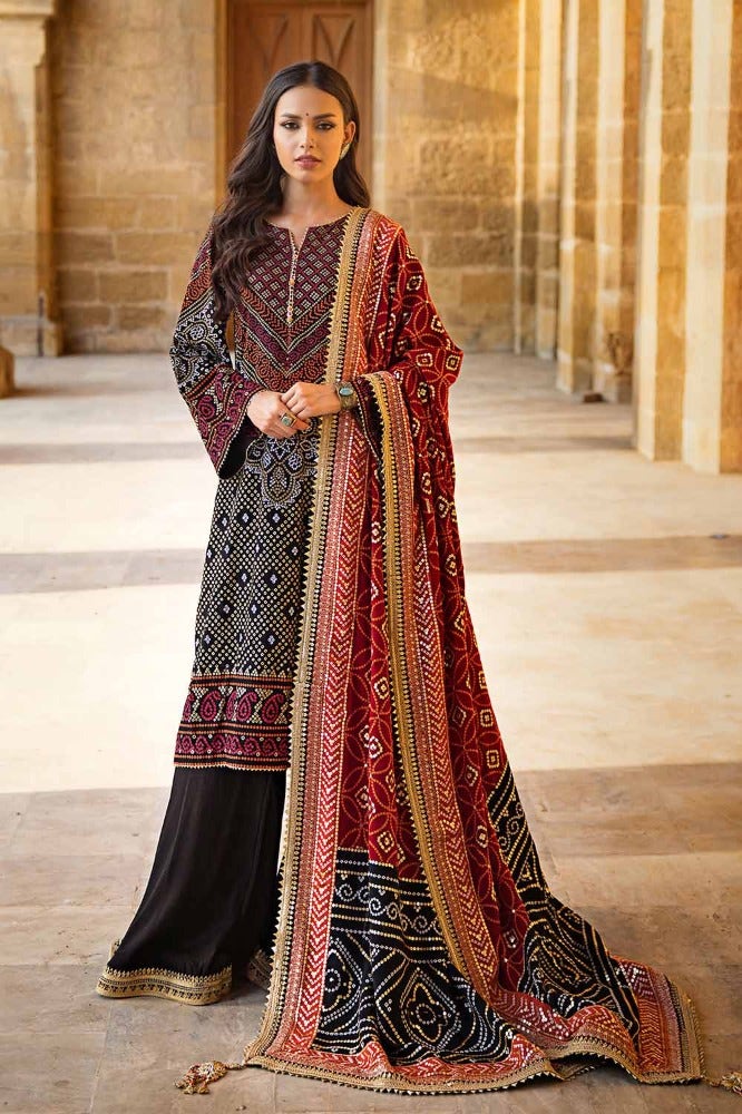 Gul Ahmed – 3 Piece Embroidered Raw Silk Suit with Zari and Sequins Embroidered Raw Silk Dupatta LE-42033