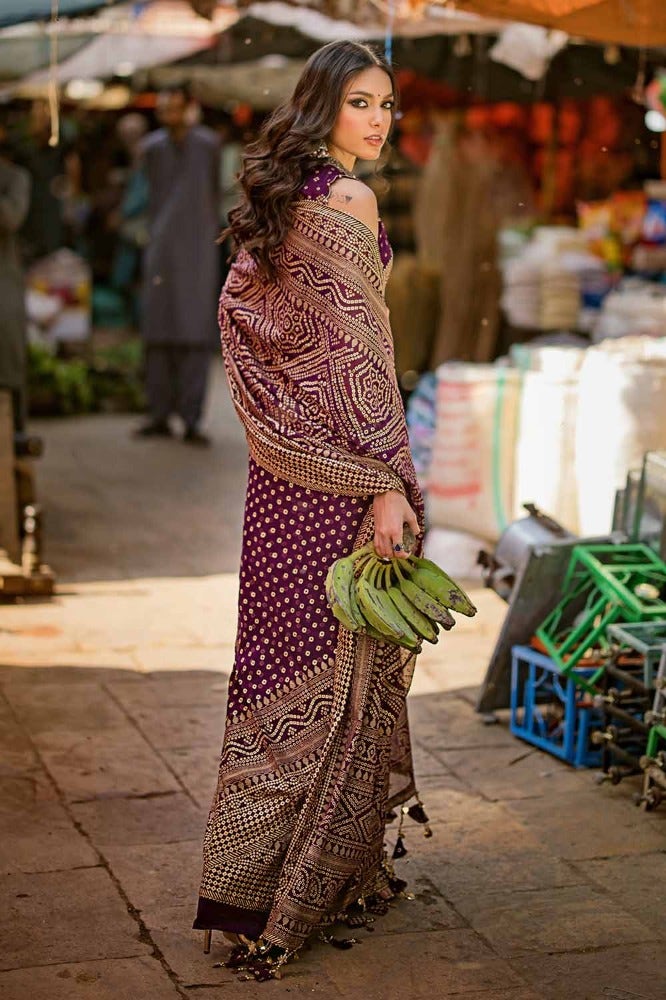 Gul Ahmed – 2 Piece Gold and Lacquer Printed Chiffon Saree with Raw Silk Blouse PRS-42001