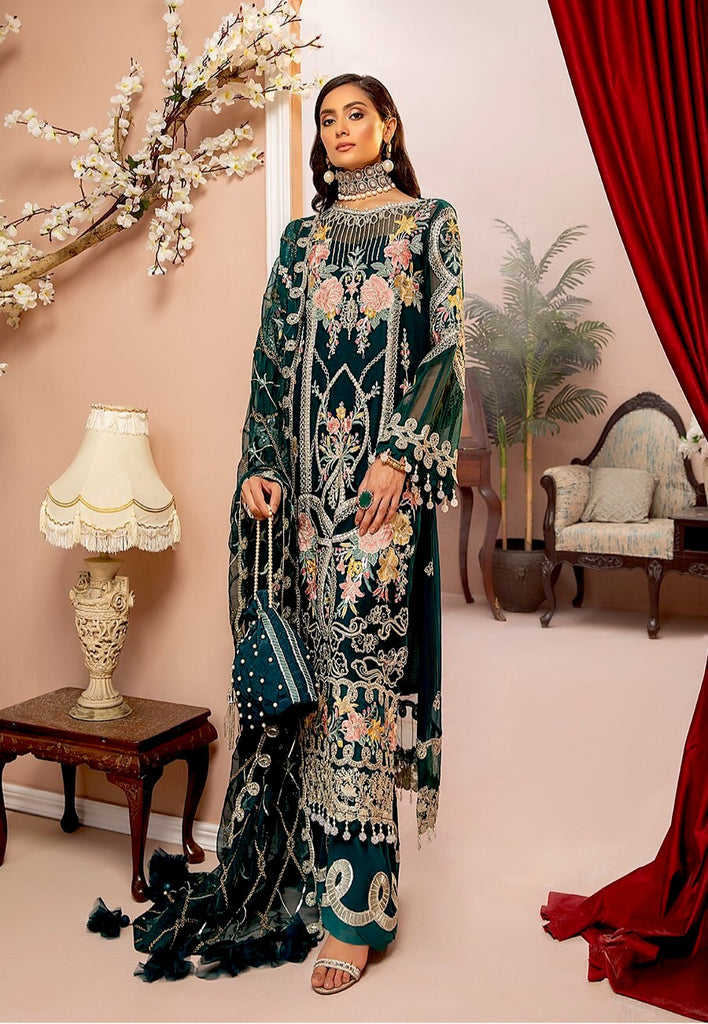 Adan's Libas Luxulia Embroidered Chiffon Collection – Forest Green