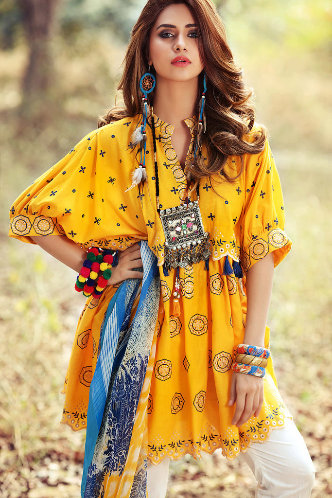 Gul Ahmed Gypsy Folk Lawn Collection - Yellow 2 Pc Embroidered Blended Chiffon GT-05