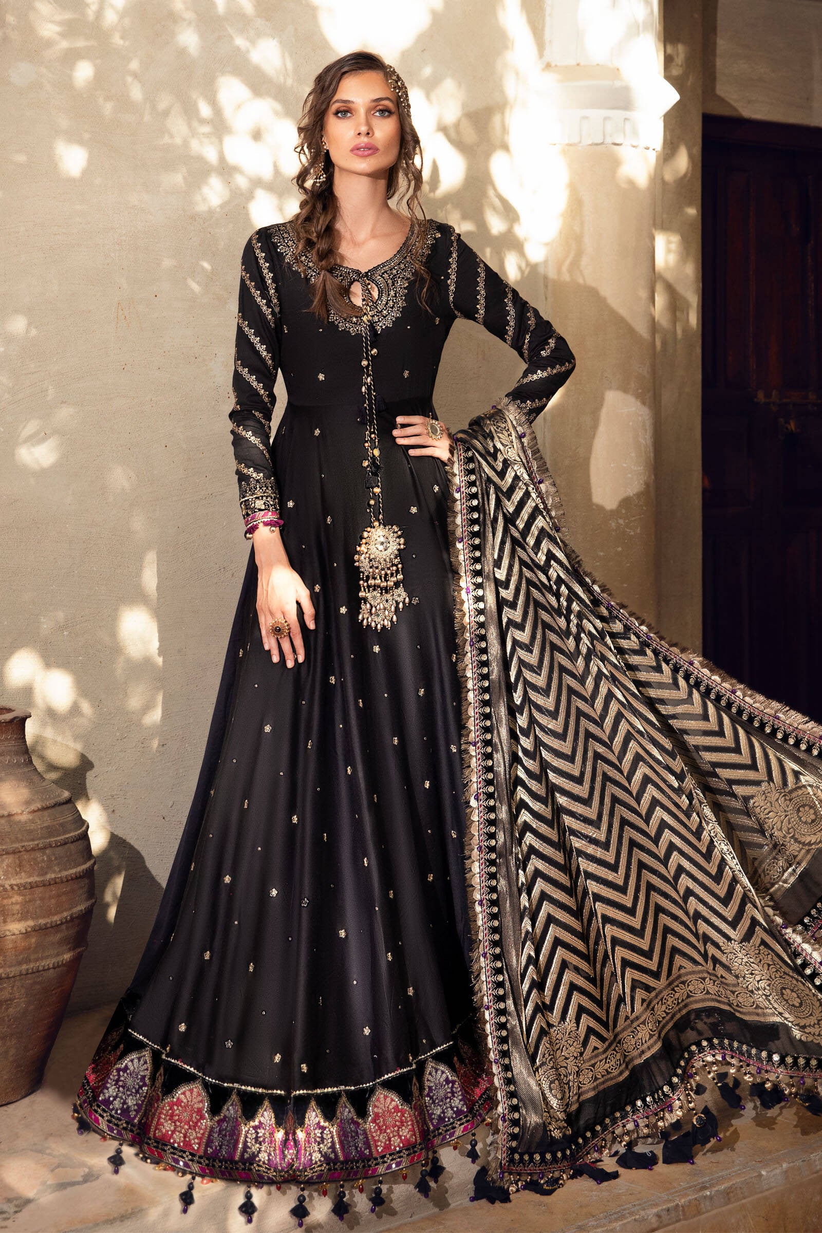 Black Anarkali Jacquard Long Dress - Libas Collection