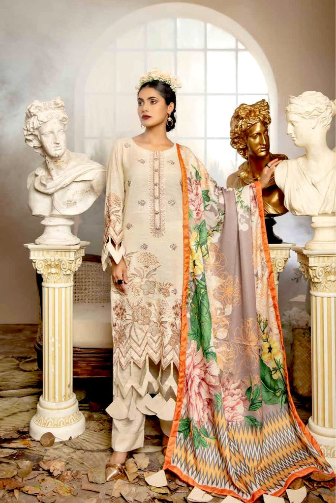 Tehzeeb by Riaz Arts · Embroidered Leather Peach Shirt with Digital Pashmina Shawl – LP-16