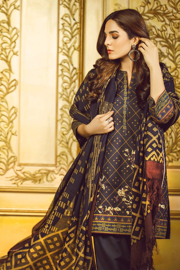 AlKaram Winter Collection 2019 – 3 Piece Embroidered Khaddar Suit with Printed Shawl – FW-14.1-19-Black