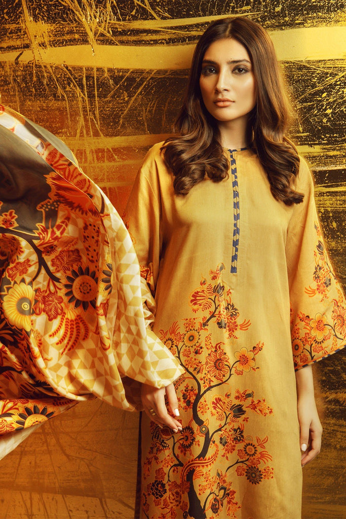 AlKaram Winter Collection 2019 – 3 Piece Printed Twill Viscose Suit with Twill Viscose Dupatta – FW-17-19-Mustard