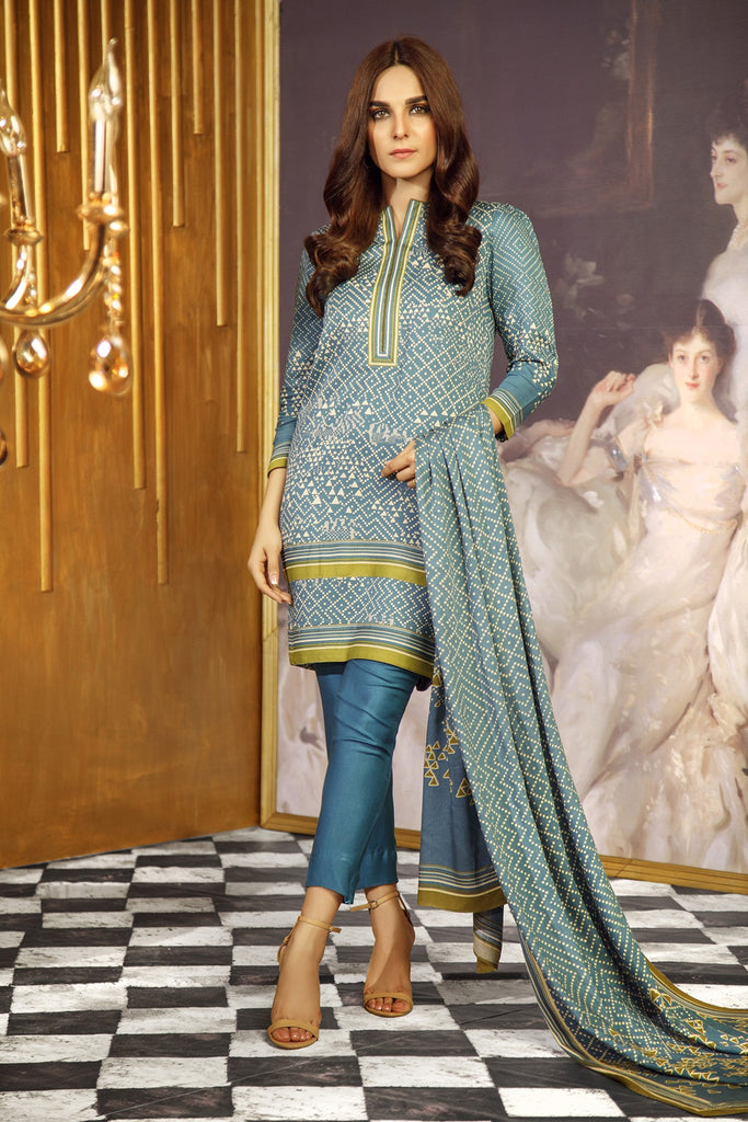 AlKaram Winter Collection 2019 – 3 Piece Printed Twill Viscose Suit with Twill Viscose Dupatta – FW-18.1-19-Blue