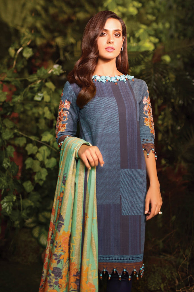 AlKaram Winter Collection – Three Piece Embroidered Khaddar Suit With Printed Khaddar Dupatta – FW-41-20-Blue