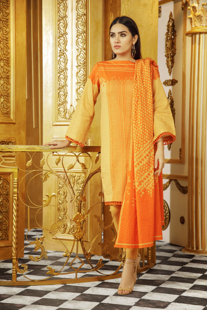 AlKaram Winter Collection 2019 – 3 Piece Printed Khaddar Suit with Khaddar Dupatta – FW-7.1-19-Orange