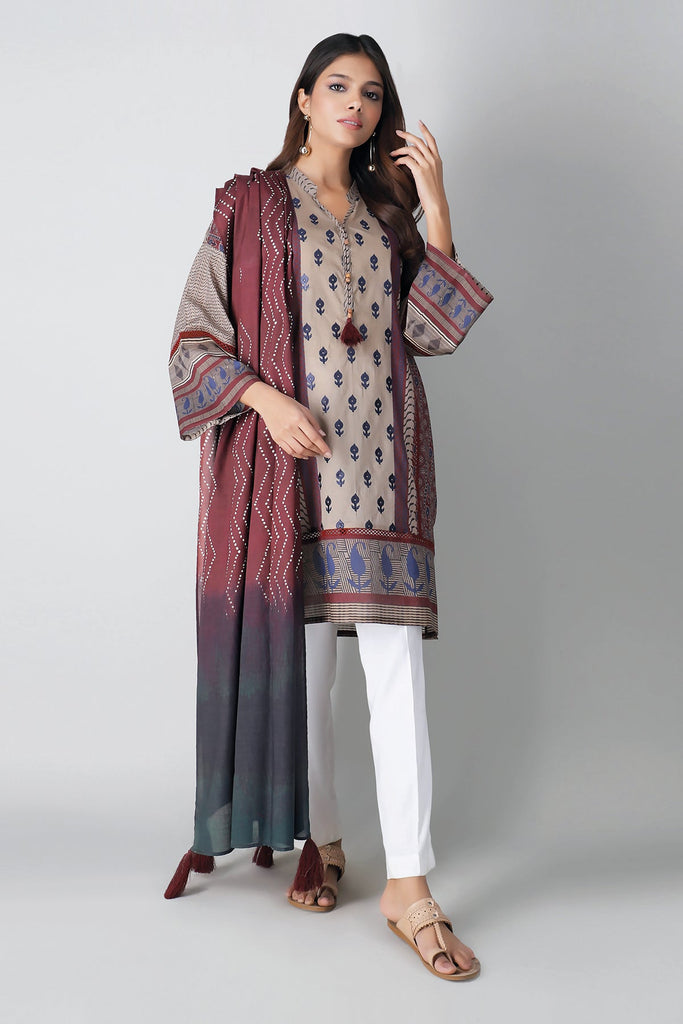 Khaadi Spring Collection 2021 – 2PC Suit · Embroidered Kameez Dupatta · M21101 Beige