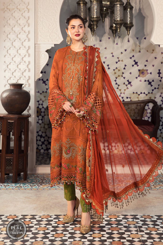 MARIA.B Luxury Chiffon Eid Collection 2022 – MPC-21-101-Rust and Olive Green