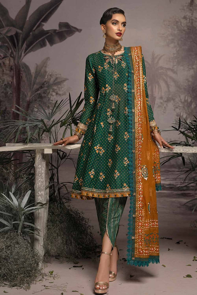 Gul Ahmed Maharani Muse – 3PC Embroidered Gold and Lacquer Printed Lawn Suit with Cotton Net Dupatta CN-32025