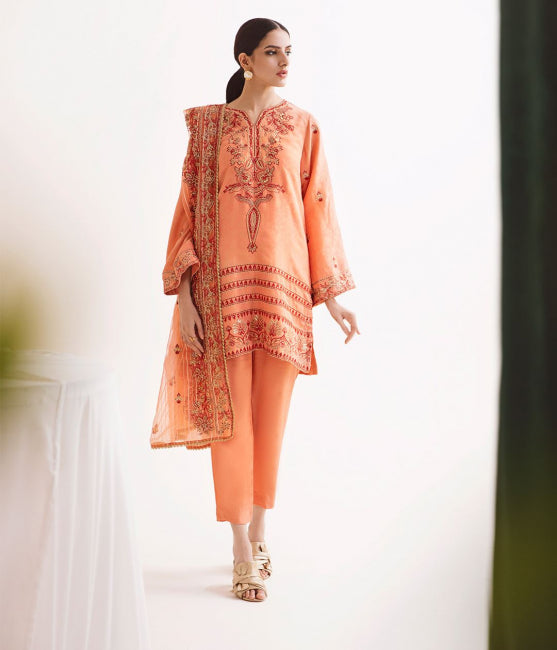 Zellbury Luxury Collection – Embroidered Shirt Shalwar Dupatta - Peach - Jacquard Suit-0296 WULC23E30296