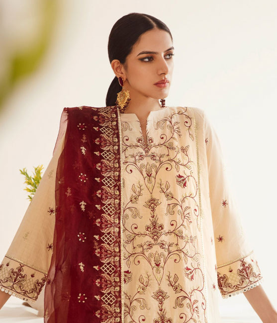 Zellbury Luxury Collection – Embroidered Shirt Shalwar Dupatta - Beige - Dobby Suit-0301 WULC23E30301