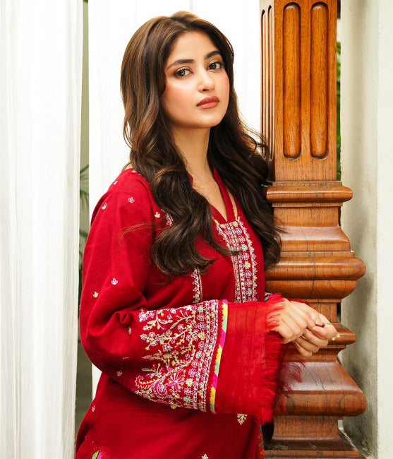 Zellbury Winter Collection  2023 – Embroidered Shirt Shalwar Dupatta - Red - Khaddar Suit - 0699 - WUW23E30699