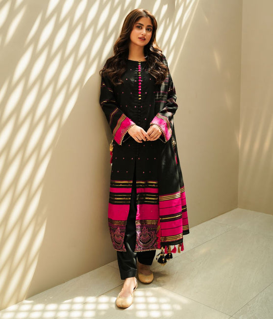 Zellbury Winter Collection  2023 – Embroidered Shirt Shalwar Dupatta - Black - Yarn Dyed Suit - 0706 - WUW23E30706