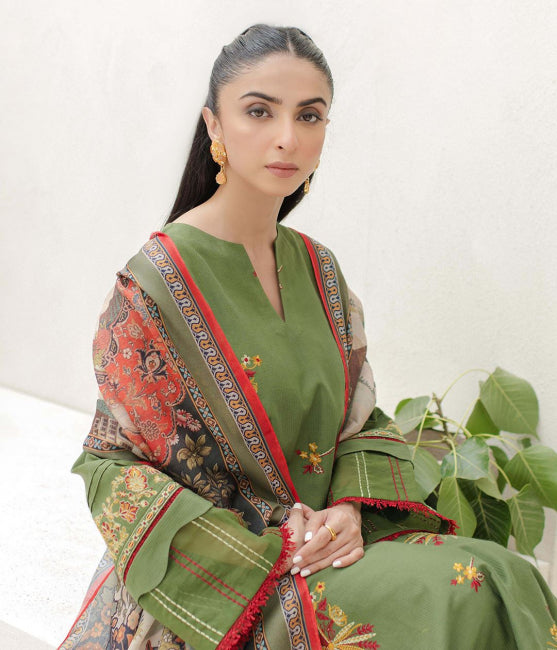 Zellbury Winter Collection  2023 – Embroidered Shirt Shalwar Dupatta - Green - Cambric Suit - 0698 - WUW23E30698