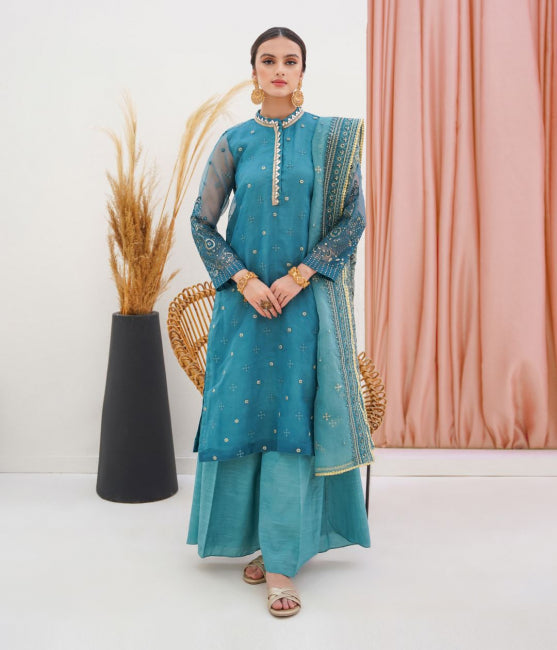 Zellbury Luxury Collection – Embroidered Shirt Shalwar Dupatta - Blue - Organza Suit WULC22E30361